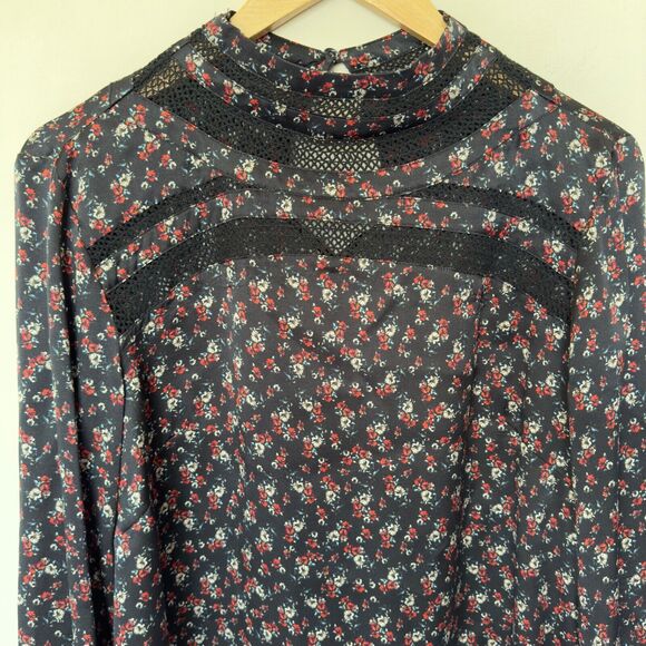 INTERMIX Women’s 8 Black Floral Silk Mock Neck Long Sleeve Lace Insert Blouse 8 - Picture 2 of 5